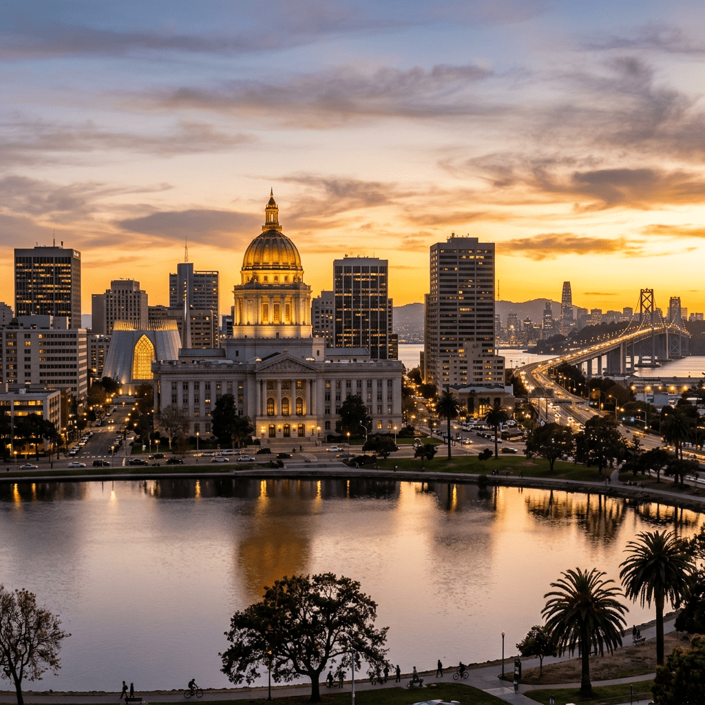 San Francisco city hall with dome illuminated at sunset and Bay Bridge in the background