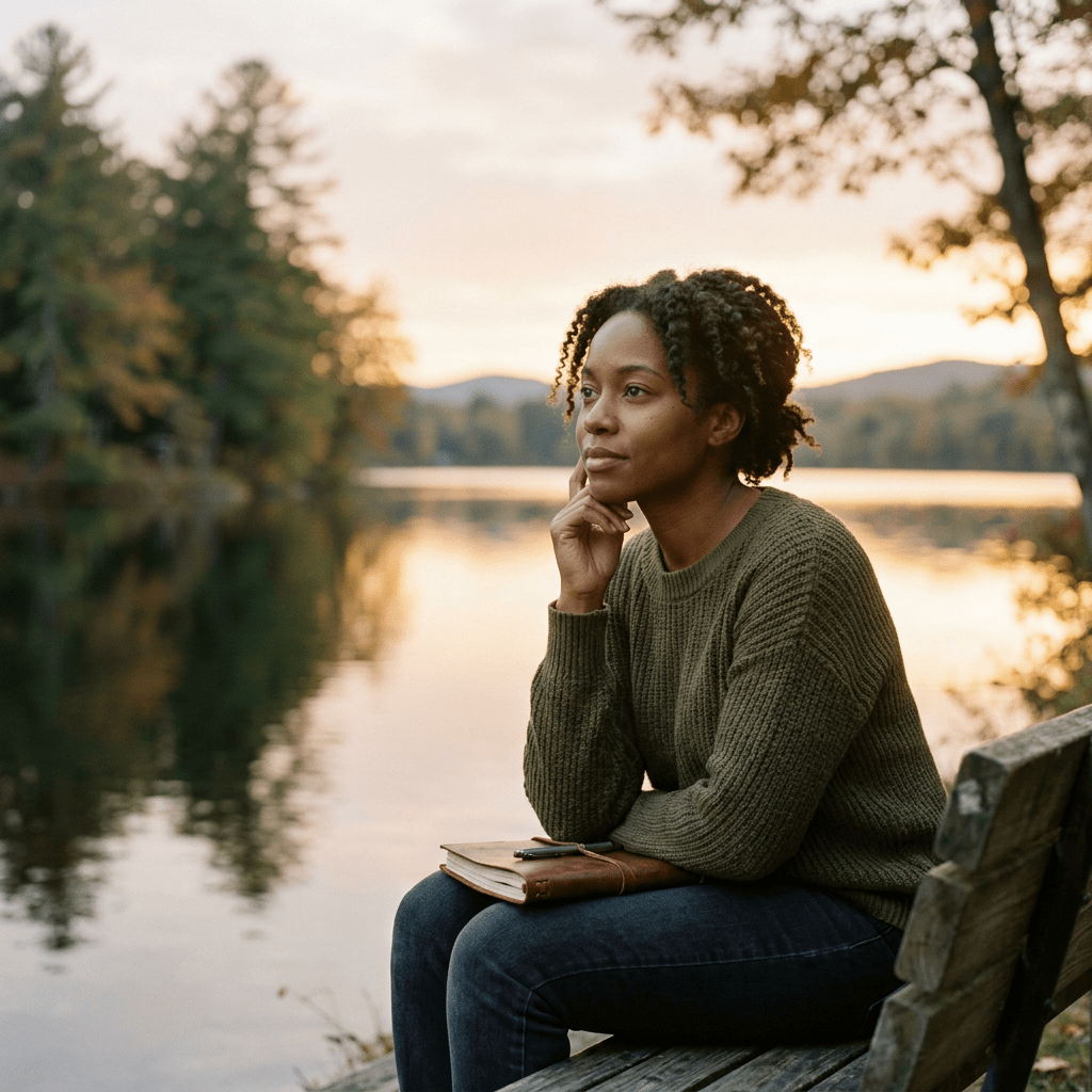 Woman sitting on bench by lake holding notebook, looking thoughtful