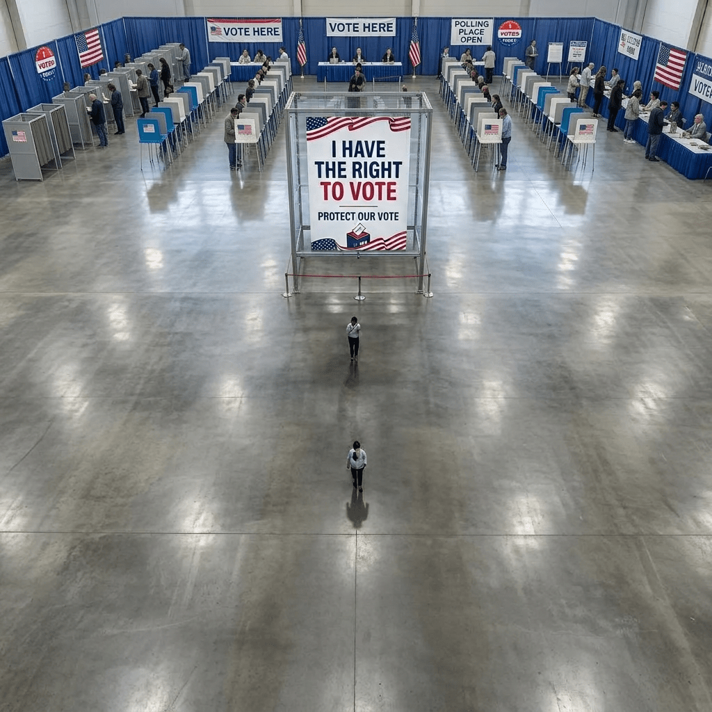 Maze constructed from numerous stacked ballot boxes with an election rights sign