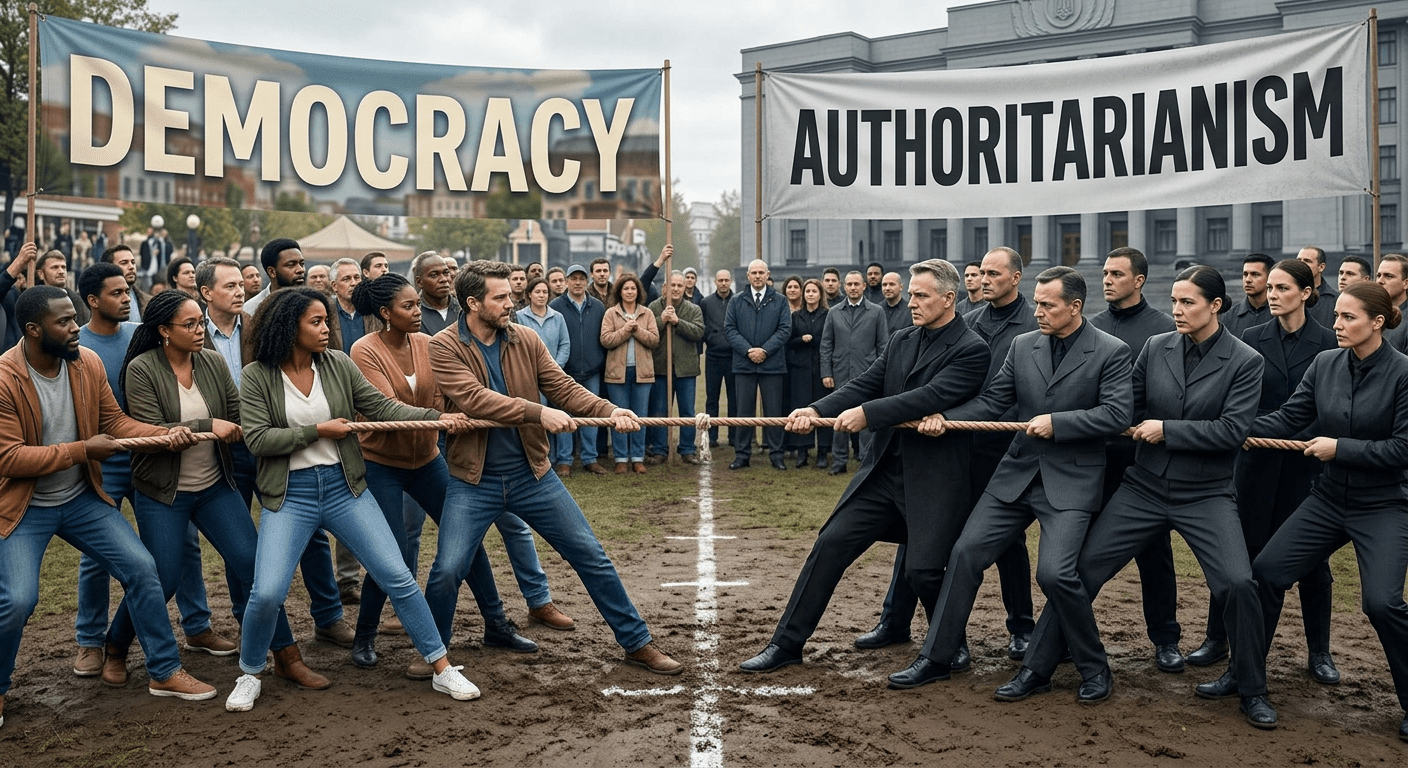 Two groups in a tug-of-war, one under banner 'Democracy' and the other 'Authoritarianism'