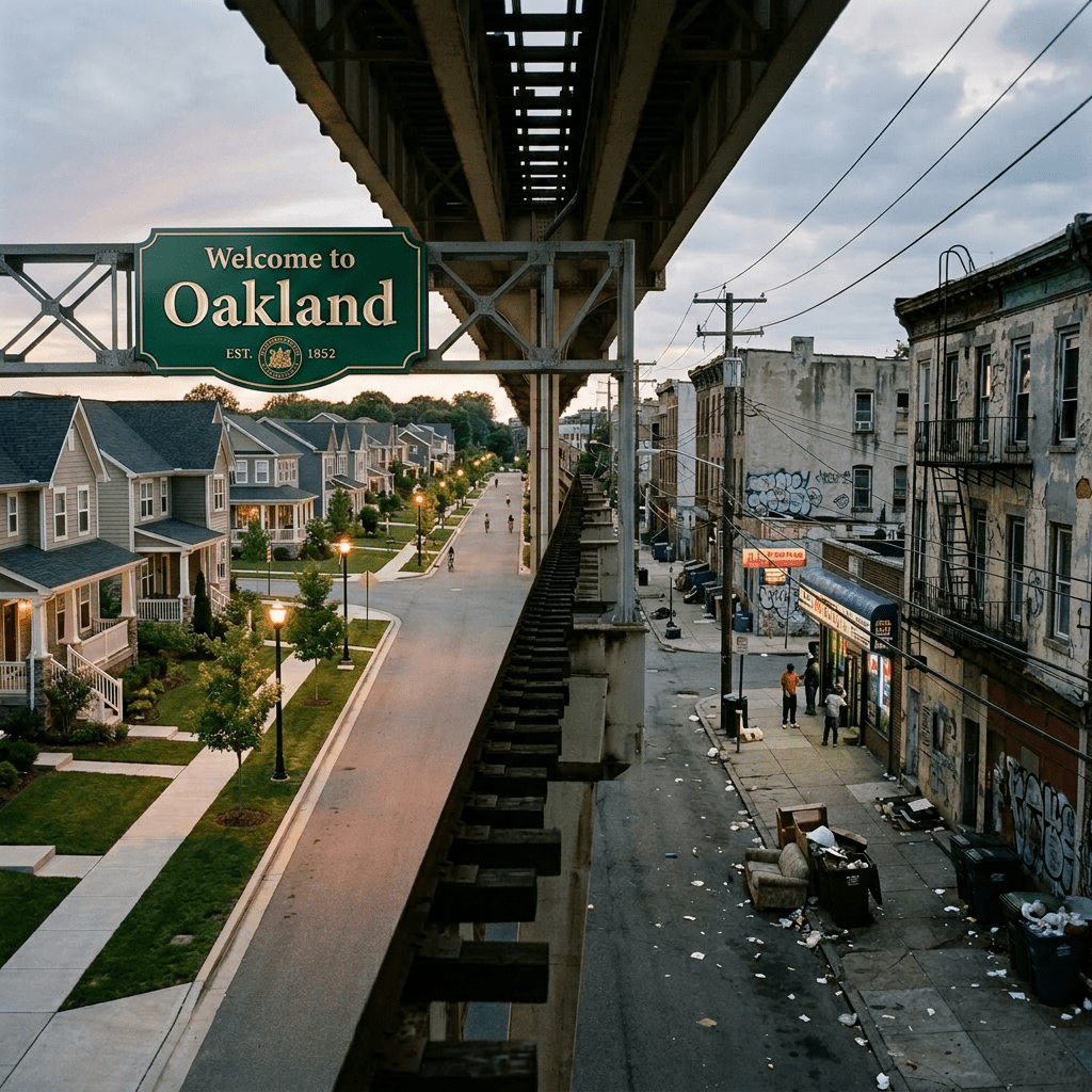 Elevated train tracks dividing a clean suburban street with houses and a run-down urban street with graffiti and litter