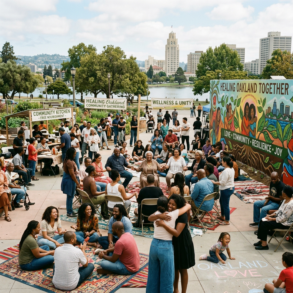 People gathered outdoors in Oakland for healing and community unity event