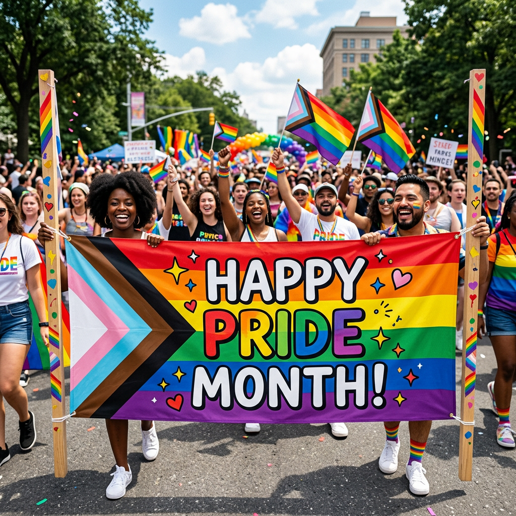Group holding a rainbow Pride Month banner and waving flags