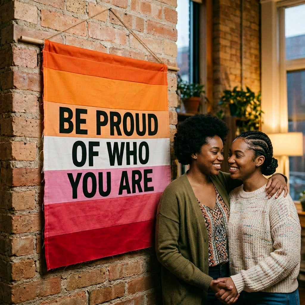 Banner reading 'Be proud of who you are' with two smiling friends nearby
