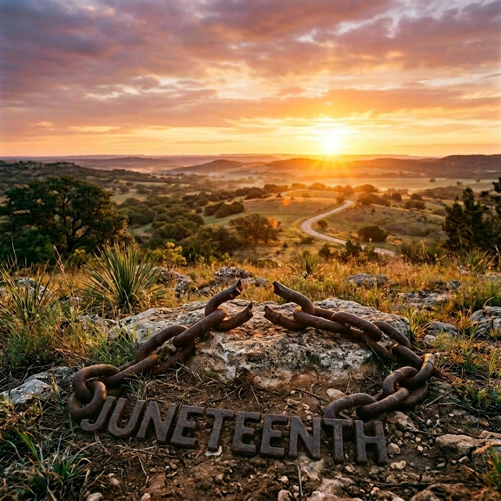 Rusty broken chains resting on rock with sunset over rolling hills