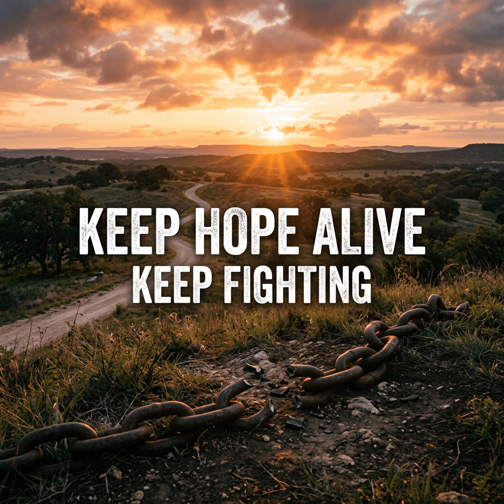 Broken rusty chain on ground at sunset with text 'Keep Hope Alive Keep Fighting'
