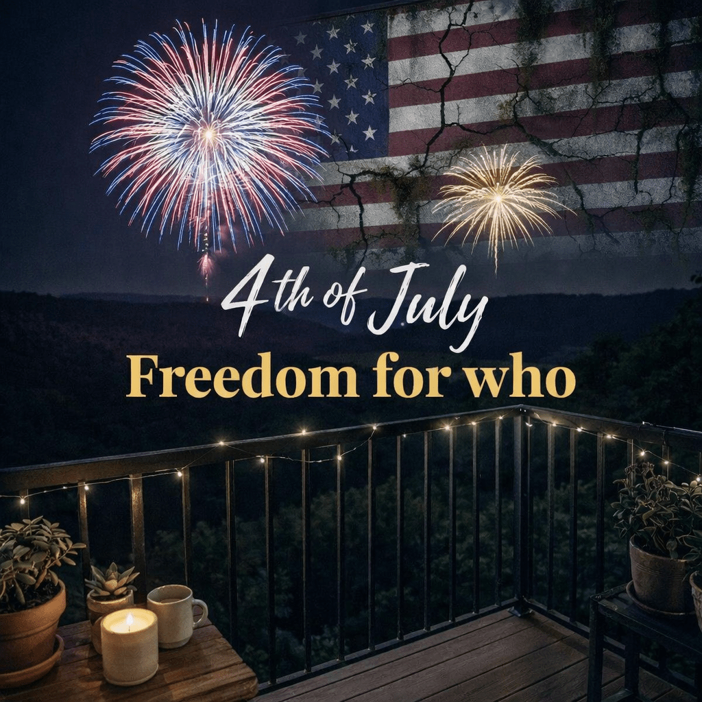 Woman sitting on a balcony writing in a journal, watching colorful fireworks over a neighborhood at night