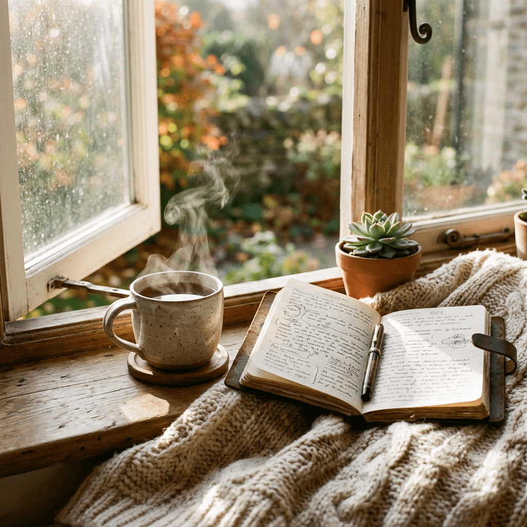 Steaming cup of tea and open journal on knitted blanket by window