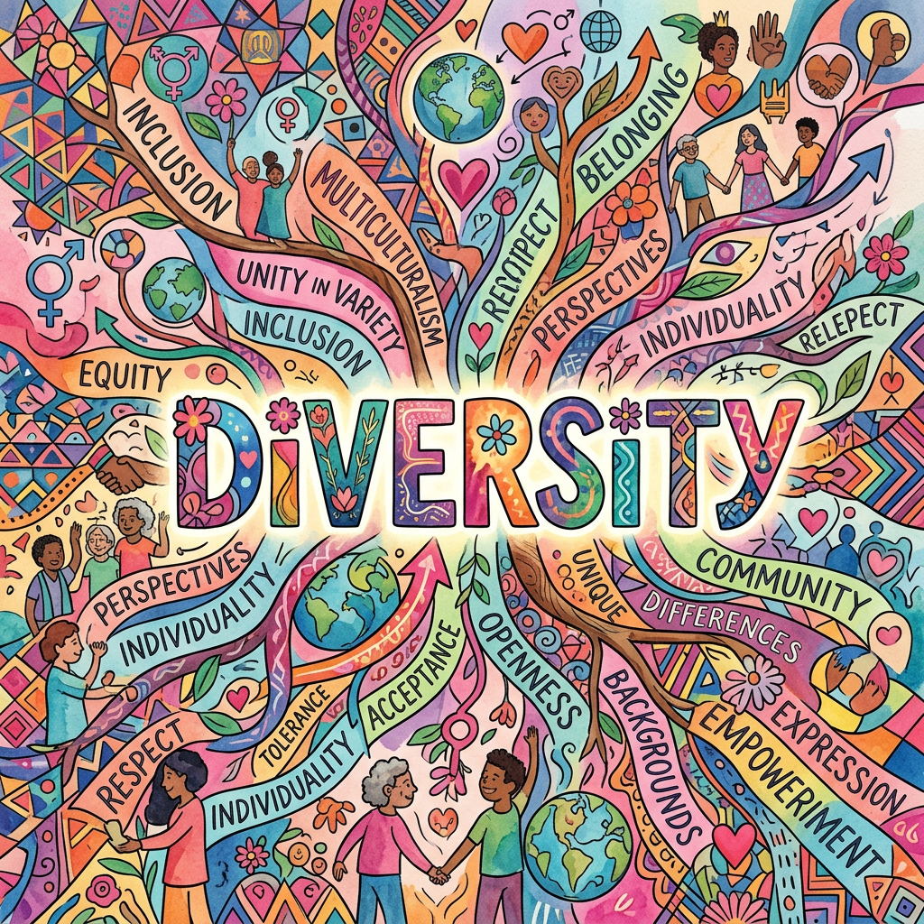 Diversity surrounded by colorful meaningful words