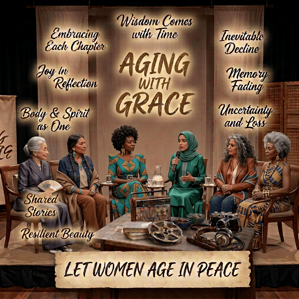 Text reads: Wisdom Comes with Time; Embracing Each Chapter; Joy in Reflection; Body & Spirit as One; Shared Stories; Resilient Beauty; Finding Grace; Inevitable Decline; Memory Fading; Uncertainty and Loss; Let Women Age in Peace.